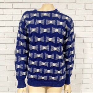 J Christopher Vintage Wool Mohair Sweater Blue Cream Geometric Bow Granny S